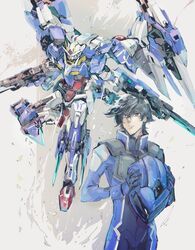  00_gundam 00_raiser 1boy black_hair bodysuit brown_eyes commentary dual_wielding gundam gundam_00 helmet highres holding holding_helmet holding_weapon kare_(0621utak) male_focus mecha normal_suit pilot_suit robot science_fiction setsuna_f._seiei symbol-only_commentary unworn_headwear unworn_helmet v-fin weapon 