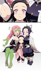  3girls ? absurdres black_hair breasts butterfly_hair_ornament closed_eyes demon_slayer_uniform geta gradient_hair green_eyes green_hair green_thighhighs hair_ornament hair_ribbon haori highres japanese_clothes kamado_nezuko kanroji_mitsuri kimetsu_no_yaiba kimono kochou_shinobu large_breasts long_hair long_sleeves mole mole_under_each_eye mole_under_eye multicolored_hair multiple_girls multiple_moles open_mouth orange_hair pink_eyes pink_hair pink_kimono pink_ribbon pori_(kmt_pori) ribbon short_hair smile teeth thighhighs upper_teeth_only 