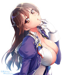  artist_name ashigara_(kancolle) ashigara_kai_ni_(kancolle) breasts brown_eyes brown_hair cleavage commentary_request cover cover_page doujin_cover female gloves hairband head_tilt ishihara_masumi juliet_sleeves kantai_collection large_breasts long_hair long_sleeves looking_at_viewer open_clothes open_shirt puffy_sleeves shirt simple_background solo twitter_username uniform upper_body white_background white_gloves white_shirt 