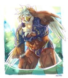  1boshi abs accipitrid accipitriform anthro avian beak bird blonde_hair blush clothing eagle hair lifewonders male muscular muscular_anthro muscular_male pecs smile solo speedo swimwear thunderbird_(tas) tokyo_afterschool_summoners water 