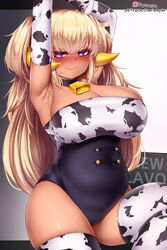  animal_print armpits bad_id bad_pixiv_id bell blonde_hair blush breasts choker cow_horns cow_print cowbell dark-skinned_female dark_elf dark_elven_forest_ranger dark_skin elbow_gloves elf female gloves highres horns korean_commentary large_breasts last_origin leotard long_hair looking_at_viewer mapar neck_bell official_alternate_costume photoshop_(medium) plump pointy_ears purple_eyes solo sweat thighhighs two_side_up 