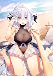  1other absurdres artist_request bare_arms bare_legs bare_shoulders barefoot beach breasts commandant_(punishing:_gray_raven) commission female grey_hair hair_between_eyes hand_in_own_hair highres holding holding_hands holding_spoon large_breasts liv:_luminance_(puella_subnautica)_(punishing:_gray_raven) liv:_luminance_(punishing:_gray_raven) liv_(punishing:_gray_raven) long_hair ocean one-piece_swimsuit open_mouth punishing:_gray_raven purple_eyes second-party_source see-through see-through_swimsuit skaven_gongcheng_shushi spoon swimsuit translation_request 