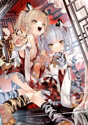  2girls animal_ears animal_hands animal_print bai_(granblue_fantasy) bare_shoulders bell blonde_hair blush bow breasts commentary_request detached_sleeves dress erune eyelashes frilled_dress frills gloves gold_trim granblue_fantasy grey_hair highres holding_hands huang_(granblue_fantasy) jingle_bell kamizuki_shiki light_particles long_eyelashes looking_at_viewer medium_hair multiple_girls oerba_yun_fang open_mouth parted_lips paw_gloves paw_shoes print_footwear siblings sitting skin_fang small_breasts tail tiger_ears tiger_girl tiger_paws tiger_print tiger_tail twins twintails wide_sleeves yellow_eyes 