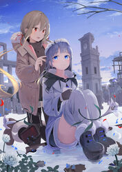  2girls absurdres arch blonde_hair blue_butterfly blue_eyes blue_hair blush boots bug butterfly clock clock_tower closed_mouth clover_(flower) cover cover_page dengeki_bunko floating_hair flower grave graveyard grey_butterfly hair_between_eyes highres holding holding_letter kneeling letter lily_(flower) long_hair long_sleeves looking_at_another mikisai multiple_girls novel_cover novel_illustration official_art on_ground open_mouth outdoors red_eyes red_ribbon ribbon ruins sidelocks sitting smile tower white_flower winter yuri 