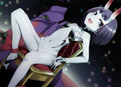  bare_shoulders bob_cut bottomless breasts chair clothes_removed dai_yasude eyeliner fate/grand_order fate_(series) female foot_out_of_frame horns japanese_clothes kimono kimono_removed looking_at_viewer makeup navel oerba_yun_fang oni oni_horns open_mouth purple_eyes purple_hair purple_kimono revealing_clothes short_eyebrows short_hair shuten_douji_(fate) sitting skin-covered_horns small_breasts smile solo 