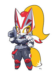  absurd_res anthro armor belt bikusen blonde_hair bodysuit breasts brown_eyes canid canine chibi clothed clothing cosplay female fluffy fluffy_tail fox fur gun hair hand_on_hip headgear helmet hi_res holding_gun holding_object holding_ranged_weapon holding_weapon kamen_rider kamen_rider_geats kemono mammal ponytail ranged_weapon simple_background skinsuit smile solo tail tight_clothing weapon white_background wide_hips woory yellow_body yellow_fur 