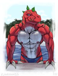  abs anthro bandai_namco claws clothing digimon digimon_(species) dinosaur extinct hi_res iudicium86 male muscular nipples outside prehistoric_species reptile scalie sky solo swimming_pool swimwear theropod tyrannomon tyrannosaurid tyrannosauroid tyrannosaurus tyrannosaurus_rex water wet 