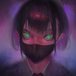  black_hair collared_shirt covered_mouth eyelashes female godekasu green_eyes grey_shirt highres limited_palette looking_at_viewer mask mouth_mask necktie original portrait purple_background red_necktie shirt short_hair solo wide-eyed wing_collar 