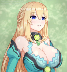  bare_shoulders blonde_hair blue_eyes blush braid breasts cleavage commentary deviantart_username dress female hair_between_eyes jyu_ichi large_breasts long_hair looking_ahead mixed-language_commentary neptune_(series) parted_lips patreon_username shiny_skin smile solo upper_body vert_(neptunia) 