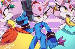  animal_ears bad_deviantart_id bad_id blaze_the_cat blue_bodysuit blue_dress bodysuit cat_ears cat_girl cat_tail cosplay crown dress earrings fangs female flower_earrings furry furry_female gloves gun highres holding holding_gun holding_weapon jewelry luma_(mario) mario_(series) metroid ponytail princess_daisy princess_daisy_(cosplay) purple_fur rosalina rosalina_(cosplay) samus_aran samus_aran_(cosplay) smile sonic_(series) sonicaimblu19 super_smash_bros. tail weapon white_gloves yellow_dress yellow_eyes zero_suit 