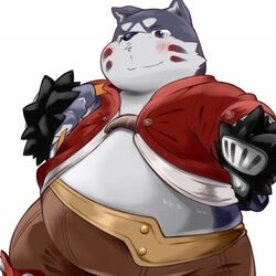  1:1 2013 anthro biped blush canid canine canis clothed clothing domestic_dog hinami humanoid_hands kemono male mammal overweight overweight_male popori simple_background solo tera_online white_background 