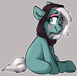  2020 blush equid equine feral green_body green_eyes grey_background hair hasbro hood horse itsspoopsb looking_aside mammal my_little_pony pony simple_background sitting smile solo wheezy_(avirexii) white_hair 