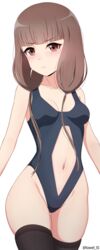  absurdres ass_visible_through_thighs black_thighhighs blue_one-piece_swimsuit blunt_bangs blush breasts brown_eyes brown_hair casual_one-piece_swimsuit closed_mouth clothing_cutout collarbone commentary cowboy_shot curvy english_commentary female frown groin highleg highres iino_miko kaguya-sama_wa_kokurasetai_~tensai-tachi_no_renai_zunousen~ lips long_hair looking_at_viewer low_twintails medium_breasts navel navel_cutout one-piece_swimsuit paid_reward_available roswell_ss simple_background skindentation solo standing stomach swimsuit thigh_gap thighhighs thighs twintails twitter_username v-shaped_eyebrows white_background 