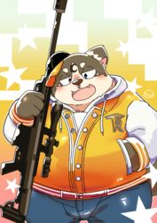  2016 anthro barrett_m82 belly big_belly blush bottomwear brown_body canid canine canis clothing cute_fangs domestic_dog gun hoodie jacket kemono letterman_jacket male mammal natamaru_a overweight overweight_male pants popori ranged_weapon solo tera_online topwear weapon 