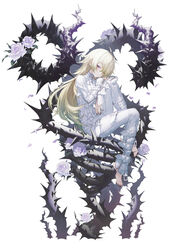  ahoge barefoot belt belt_buckle blonde_hair bodysuit briar_rose_(grimlight) buckle closed_mouth commentary female flower grimlight half-closed_eyes knee_up long_hair looking_at_viewer official_art petals purple_eyes rose sitting solo straitjacket thorns wanke white_background white_bodysuit white_flower white_rose zipper 