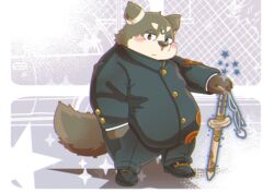  2017 anthro belly big_belly blush bottomwear brown_body brown_fur canid canine canis chubby_protagonist_(tas) clothing domestic_dog fur humanoid_hands kemono lifewonders male mammal natamaru_a overweight overweight_male pants popori protagonist_(tas) shirt solo tera_online tokyo_afterschool_summoners topwear weapon 