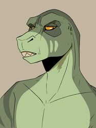  3:4 absurd_res anthro bust_portrait dinosaur extinct glistening glistening_eyes green_body hi_res imperatorcaesar looking_aside male narrowed_eyes portrait prehistoric_species reptile scalie simple_background solo tan_background tan_teeth teeth unsigned 