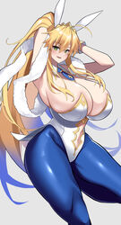  absurdres ahoge animal_ears armpits arms_behind_head arms_up artoria_pendragon_(fate) artoria_pendragon_(swimsuit_ruler)_(fate) bare_shoulders blonde_hair blue_pantyhose blush braid breasts cleavage clothing_cutout curvy detached_collar eyebrows_hidden_by_hair fake_animal_ears fate/grand_order fate_(series) feather_boa female french_braid green_eyes hair_between_eyes highleg highleg_leotard highres huge_breasts imuzi leotard long_hair looking_at_viewer navel navel_cutout necktie open_mouth pantyhose playboy_bunny ponytail rabbit_ears sidelocks simple_background smile solo thick_thighs thighs tiara white_leotard wide_hips wrist_cuffs 