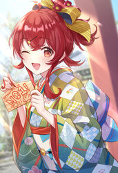  ;d ahoge blurry blurry_background checkered_clothes checkered_kimono commentary_request day ema female flower hair_flower hair_ornament hair_ribbon hairclip highres idolmaster idolmaster_shiny_colors iku2727 japanese_clothes kimono komiya_kaho long_hair looking_at_viewer obi one_eye_closed open_mouth outdoors ponytail red_eyes red_hair ribbon sash sidelocks smile solo translated wide_sleeves 