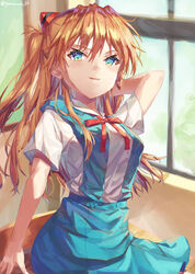  arm_behind_head artist_name blue_eyes blue_skirt breasts female hair_between_eyes highres interface_headset looking_at_viewer medium_breasts neon_genesis_evangelion open_mouth school_uniform skirt solo souryuu_asuka_langley suspender_skirt suspenders tokyo-3_middle_school_uniform two_side_up window yoru_usagi 