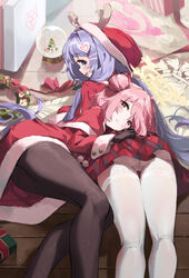  2girls absurdres ass black_pantyhose blue_archive blue_eyes christmas commentary_request dress fake_antlers hair_between_eyes hair_bun halo hanae_(blue_archive) hanae_(christmas)_(blue_archive) hat head_on_ass highres kneepits long_hair long_sleeves looking_at_viewer low_twintails lying lying_on_another miniskirt multiple_girls official_alternate_costume on_floor on_side on_stomach pantyhose pink_eyes pink_hair plaid plaid_skirt purple_hair red_dress red_sweater ribbed_sweater santa_costume santa_dress santa_hat serina_(blue_archive) serina_(christmas)_(blue_archive) short_dress sidelocks skirt sweater thighband_pantyhose timo_wei95 twintails white_pantyhose 