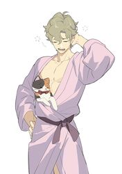  1boy alternate_costume bathrobe blonde_hair calico chinese_commentary closed_eyes commentary_request facing_viewer feline gyakuten_saiban hand_on_own_hip hand_up herlock_sholmes highres kitto_ha long_sleeves male_focus open_mouth pink_robe robe scratching_head short_hair simple_background sleeping solo standing the_great_ace_attorney wagahai_(ace_attorney) white_background 