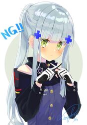  bad_id bad_pixiv_id blush breasts closed_mouth female girls&#039;_frontline gloves green_eyes grey_hair hair_ornament hands_up highres hk416_(girls&#039;_frontline) long_hair long_sleeves looking_at_viewer simple_background sinobi_illust small_breasts solo weapon x_fingers 