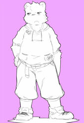  2011 anthro bear bottomwear clothing hinami hoodie humanoid_hands kemono male mammal shorts simple_background slightly_chubby solo tameiki_kyoudai topwear 