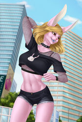  2021 5_fingers anthro blonde_hair breasts brown_eyes clothed clothing day detailed_background digital_media_(artwork) elvofirida female fingers hair hi_res lagomorph leporid mammal open_mouth outside pink_body rabbit sky solo teeth tongue unique_bunbun 