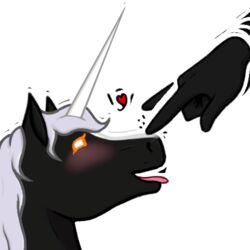  1:1 2023 5_fingers alisian ambiguous_gender animated anthro black_body blush boop chibi digital_media_(artwork) disembodied_hand duo equid equine exclamation_point facial_markings feral fingers hair head_markings heart_symbol horn low_res lucius_iii_(wasen) lumadelun mammal mane markings mythological_creature mythological_equine mythology no_pupils open_mouth question_mark short_playtime simple_background solo_focus tongue tongue_out unicorn white_hair white_mane 