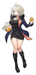  2girls absurdres artoria_pendragon_(fate) black_dress black_footwear blue_coat blush boots breasts burger chibi coat dress eating fate/grand_order fate_(series) food full_body fur-trimmed_coat fur_trim grey_hair highres jeanne_d&#039;arc_alter_(fate) jeanne_d&#039;arc_alter_(ver._shinjuku_1999)_(fate) knee_boots laon large_breasts long_hair long_sleeves looking_at_viewer multiple_girls official_alternate_costume open_clothes open_coat saber_alter saber_alter_(ver._shinjuku_1999)_(fate) short_dress short_hair simple_background white_background yellow_eyes 