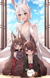  +_+ 1other 3girls age_difference akagi-chan_(azur_lane) amagi-chan_(azur_lane) animal_ear_fluff animal_ears aunt_and_niece azur_lane bell black_kimono blue_eyes blue_sky blunt_bangs blush breasts brown_hair brown_tail cherry_blossoms cleavage cloud cloudy_sky collar commentary dated_commentary detached_collar floor flower fox_ears fox_girl hair_flower hair_ornament highres japanese_clothes kaga_(azur_lane) kimono kitsune kyuubi large_breasts long_hair meowfficer_(azur_lane) multiple_girls multiple_tails on_floor open_mouth print_kimono purple_shirt red_eyes red_kimono red_skirt samip shirt short_hair sitting skirt sky smile tail teeth tree upper_teeth_only white_collar white_hair white_kimono 