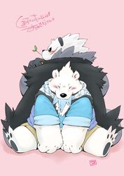  2013 anthro beartic black_body black_fur blush bottomwear clothing conoji duo fur generation_5_pokemon generation_6_pokemon hoodie kemono male nintendo overweight overweight_male pangoro pokemon pokemon_(species) scar shorts simple_background sitting topwear white_body white_fur 