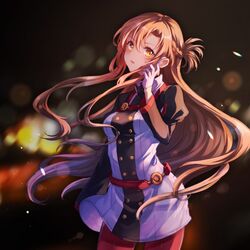  asuna_(sao) black_sleeves blurry blurry_background brown_eyes brown_hair covered_navel cowboy_shot female floating_hair gloves hair_between_eyes highres hozumi_rino long_hair long_sleeves looking_at_viewer night open_mouth outdoors pants red_pants solo standing sword_art_online sword_art_online_the_movie:_ordinal_scale very_long_hair white_gloves 