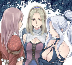  3girls armor back_tattoo bare_shoulders black_dress black_gloves blue_eyes breasts cleavage cleavage_cutout clothing_cutout collarbone commentary_request crossed_arms dress earrings elbow_gloves epaulettes gensou_suikoden gensou_suikoden_iv gloves hairband ham_pon hoop_earrings jacket jeane_(suikoden) jewelry kika_(suikoden) large_breasts light_brown_hair looking_at_viewer multiple_girls ornela_(rhapsodia) pauldrons pink_hair ponytail red_jacket rhapsodia shoulder_armor sleeveless sleeveless_dress tattoo upper_body white_hair 