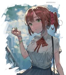  bag blue_skirt blush bracelet breasts brown_hair candy collared_shirt commentary day female food godekasu green_eyes hair_ornament hair_scrunchie hairband hand_up head_tilt highres jewelry large_breasts lollipop looking_at_viewer medium_hair neck_ribbon original outdoors parted_lips pleated_skirt ponytail red_ribbon red_scrunchie ribbon school_uniform scrunchie shirt shoulder_bag skirt solo symbol-only_commentary twitter_username upper_body white_shirt wing_collar wristband 