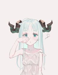  blue_eyes blue_hair blush curled_horns dress female godekasu hand_up highres horns long_hair looking_at_viewer original parted_lips simple_background sleepy solo strap_slip upper_body white_background white_dress wiping_face 