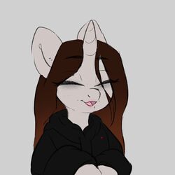  1:1 2021 anthro black_clothing black_hoodie black_topwear blush brown_hair closed_eyes clothing ear_piercing equid equine female grey_background grey_body hair hasbro hi_res hoodie horn itsspoopsb mammal my_little_pony mythological_creature mythological_equine mythology open_mouth piercing simple_background smile solo spoop_pone topwear unicorn 