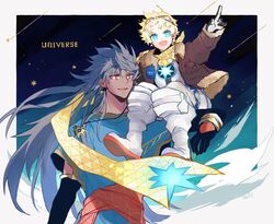  2boys ancient_greek_clothes black_gloves blonde_hair blue_eyes blue_hair bomber_jacket carrying chiton earrings fate/grand_order fate/requiem fate_(series) gloves goggles goggles_on_head greco-roman_clothes hally highres jacket jewelry long_hair multiple_boys pendant pointing red_eyes romulus_quirinus_(fate) sash scarf shooting_star sitting_on_shoulder spacesuit tunic voyager_(fate) voyager_(third_ascension)_(fate) 