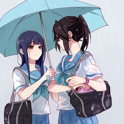  2girls bad_id bad_twitter_id bag black_hair blue_eyes blue_hair blue_neckerchief blue_sailor_collar blue_skirt blue_umbrella blush brown_eyes closed_mouth commentary from_side grey_background hair_between_eyes hibike!_euphonium holding holding_umbrella kasaki_nozomi kitauji_high_school_uniform liz_to_aoi_tori long_hair looking_at_another multiple_girls neckerchief ponytail rain sailor_collar school_bag school_uniform serafuku shared_umbrella shirt short_sleeves sidelocks simple_background skirt standing symbol-only_commentary umbrella watch white_shirt wristwatch yoroizuka_mizore yuuyu_(777) 