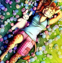  adrenalineart anthro basking colorful_background colorful_theme doll female flower giraffe giraffid grass hi_res lagomorph legend_of_ahya leporid mammal marle_talbender_(darkflamewolf) plant plushie rabbit reclining resting smile solo 