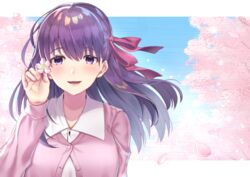  :d blue_eyes cardigan cherry_blossoms collarbone fate/stay_night fate_(series) female floating_hair flower gakuon_(gakuto) hair_between_eyes hair_flower hair_ornament hair_ribbon long_hair long_sleeves looking_at_viewer matou_sakura official_alternate_costume open_mouth pink_cardigan purple_hair red_ribbon ribbon shirt smile solo upper_body white_flower white_shirt 