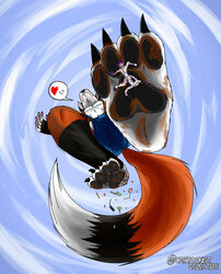  4_toes absurd_res anthro barefoot big_feet black_pawpads blue_clothing boxers_(clothing) canid canine cartoonistdalmatian claws closed_eyes clothing crush dark_claws duo extreme_size_difference feet felid foot_crush foot_domination foot_fetish foot_focus foot_play fox fur hair heart_symbol hi_res hindpaw larger_anthro larger_male low-angle_view macro_focus male male/male mammal markings mud muddy multicolored_body multicolored_fur pantherine pawpads paws purple_claws purple_hair purple_markings raised_paw red_body red_fox red_fur redrick_(erickredfox) size_difference smaller_anthro smaller_male stepped_on stepping stomping tiger toes traffic_light trampling true_fox under_paws underfoot underwear white_body white_fur 