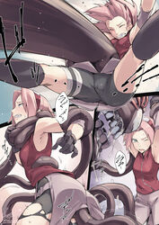  bare_shoulders black_gloves breasts cameltoe clenched_teeth closed_eyes female gloves hairband jelly_shrimp monster naruto_(series) naruto_shippuuden ninja open_mouth pink_hair punching red_hairband restrained ryona sakura_haruno saliva shirt sleeveless sleeveless_shirt stomach_punch strangling sweat teeth tentacle tentacle_around_neck translation_request 