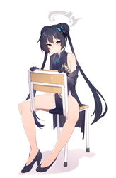  bare_legs black_dress black_eyes black_footwear black_gloves black_hair black_jacket blue_archive butterfly_hair_ornament chair closed_mouth commentary double_bun dragon_print dress female full_body gloves grey_halo hair_bun hair_ornament halo jacket kisaki_(blue_archive) legs long_hair looking_at_viewer on_chair print_dress shoes simple_background sitting solo thighs tilt-shift_(azalanz) twintails white_background 