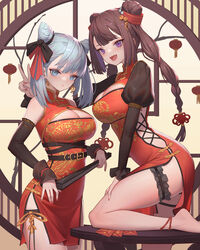  2girls :d absurdres anklet bare_shoulders barefoot belt black_ribbon black_sleeves blue_eyes blue_hair blunt_ends braid breasts bridal_garter brown_hair china_dress chinese_clothes cleavage cleavage_cutout clothing_cutout coin_(ornament) cone_hair_bun cowboy_shot cross-laced_clothes detached_sleeves double_bun dress earrings folded_fan folding_fan frilled_sleeves frills hair_bun hair_ornament hair_ribbon hand_fan highres holding holding_fan hongbao jewelry lantern large_breasts layered_sleeves long_hair looking_at_viewer multiple_girls new_year on_one_knee original outstretched_arm paper_lantern pelvic_curtain pinky_out puffy_short_sleeves puffy_sleeves purple_eyes red_dress red_nails red_ribbon ribbon short_sleeves sidelocks smile standing thighs toggles twin_braids twintails v very_long_hair xzu 