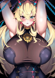  absurdres armpits arms_up bare_shoulders barghest_(fate) barghest_(second_ascension)_(fate) black_dress black_gloves blonde_hair blush breasts chained chains covered_nipples dress earrings elbow_gloves fate/grand_order fate_(series) female gloves green_eyes heterochromia highres horns huge_breasts imuzi jewelry long_hair looking_at_viewer neck_ring necklace pendant red_eyes revision sleeveless solo 