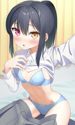  apollo_(hu_maple) black_hair blue_bra blue_panties blush borrowed_character bra breasts clothes_lift collared_shirt commentary_request commission english_commentary female grey_skirt hair_between_eyes heterochromia highres mixed-language_commentary navel open_mouth original panties pleated_skirt ponytail red_eyes school_uniform selfie shirt shirt_lift sidelocks sitting skeb_commission skirt small_breasts solo underwear white_shirt yellow_eyes 