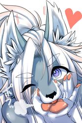  2:3 5_fingers anthro black_nose breath canid canine canis cheek_tuft close-up digital_media_(artwork) eyebrows eyelashes facial_tuft female female_anthro fingers fur grey_body grey_fur hair hand_lick heart_symbol hi_res highlights_(coloring) kemono licking licking_own_hand long_hair looking_at_viewer mammal multicolored_body multicolored_fur okami_bark one_eye_closed ookamiwaho pawpads pink_highlights ponytail purple_eyes selfie simple_background solo thick_eyebrows tongue tongue_out tuft two_tone_body two_tone_fur white_body white_fur white_hair wink winking_at_viewer wolf 