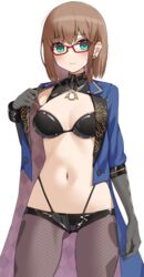  absurdres ass_visible_through_thighs bikini black_bikini black_gloves blue_coat bob_cut braid breasts brown_hair charlotte_corday_(fate) charlotte_corday_(swimsuit_caster)_(fate) charlotte_corday_(swimsuit_caster)_(third_ascension)_(fate) coat elbow_gloves fate/grand_order fate_(series) female fishnet_pantyhose fishnets glasses gloves green_eyes highres kopaka_(karda_nui) large_breasts long_sleeves looking_at_viewer navel open_clothes open_coat pantyhose short_hair side_braid solo swimsuit thighs 